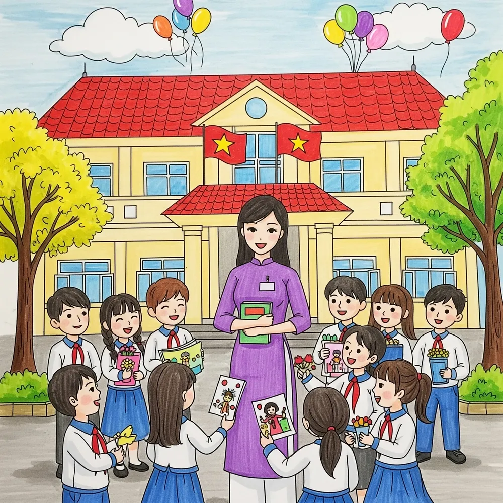 Vẽ tranh nghề nghiệp cô giáo lớp 1 đầy sự hồn nhiên