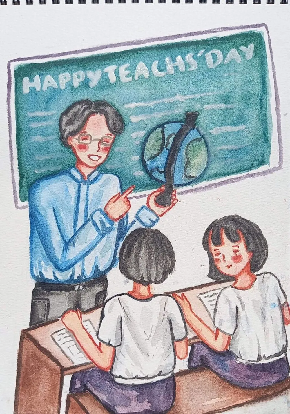 Vẽ tranh nghề nghiệp cô giáo tận tâm với từng học trò nhỏ