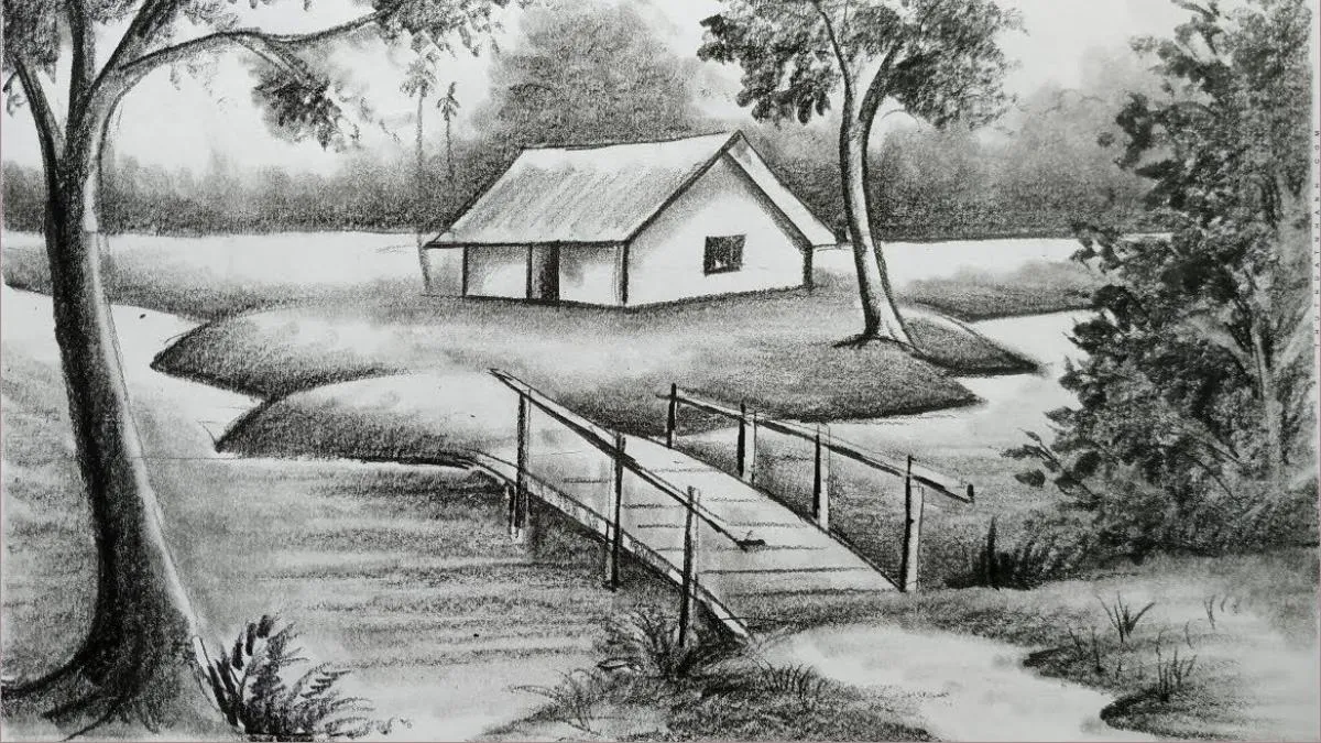 Mẫu 9: Vẽ phong cảnh núi trắng đen