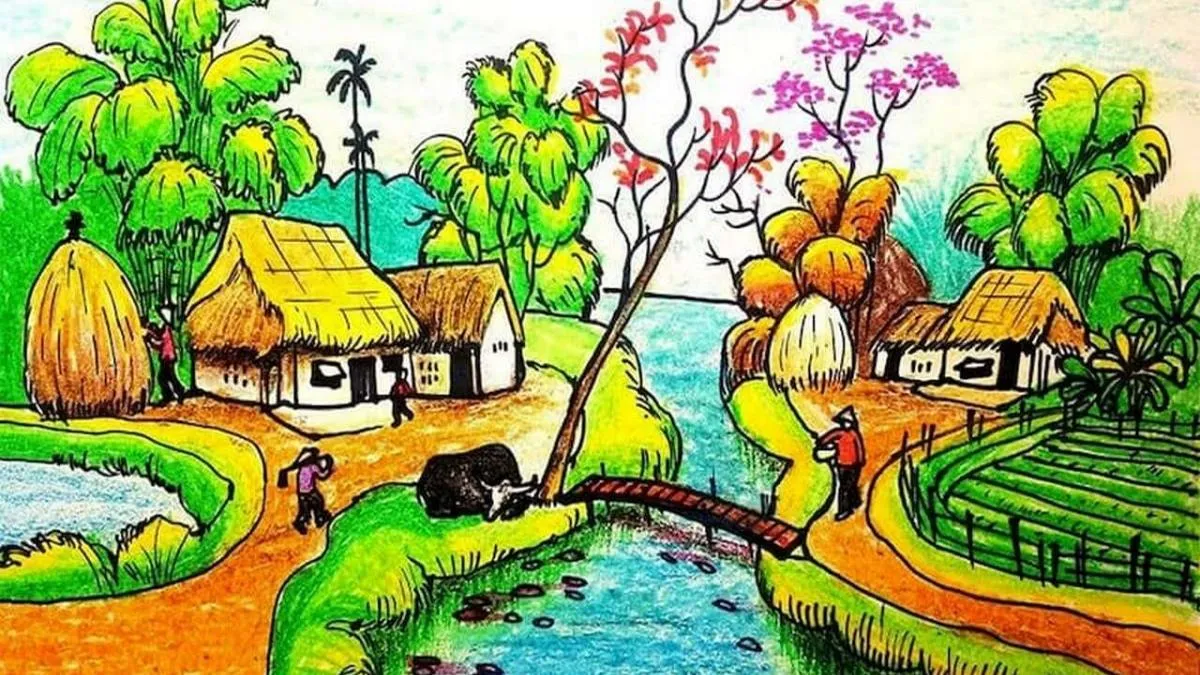 Hình ảnh con đường làng uốn lượn ven sông qua nét vẽ ngây ngô của học sinh