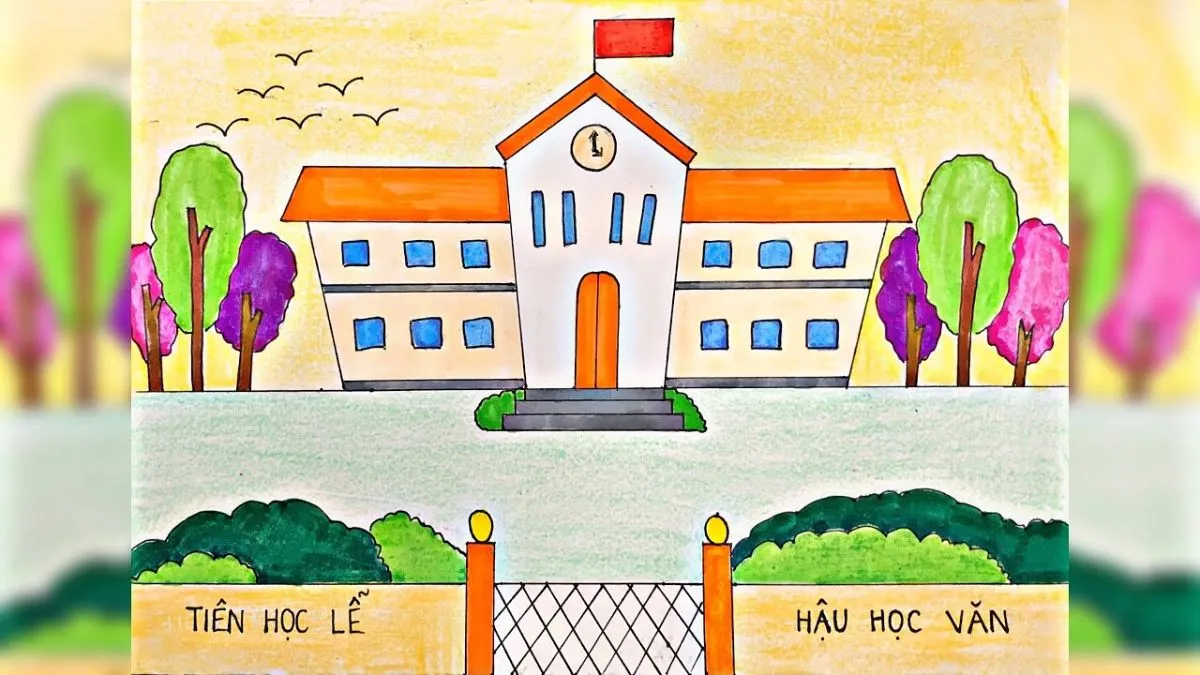 Mẫu tranh 8: Trường học hiện đại với khu vui chơi đa năng