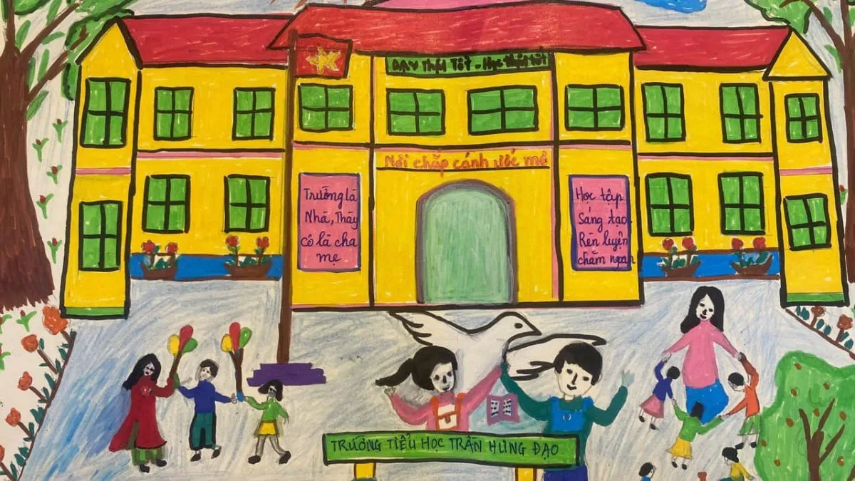 Mẫu tranh 11: Bé vẽ trường học bằng màu nước sinh động