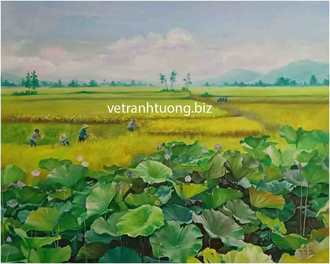 Vẽ tranh tường đồng quê hoa sen đẹp tại Hà Nội mang lại vẻ đẹp thanh khiết