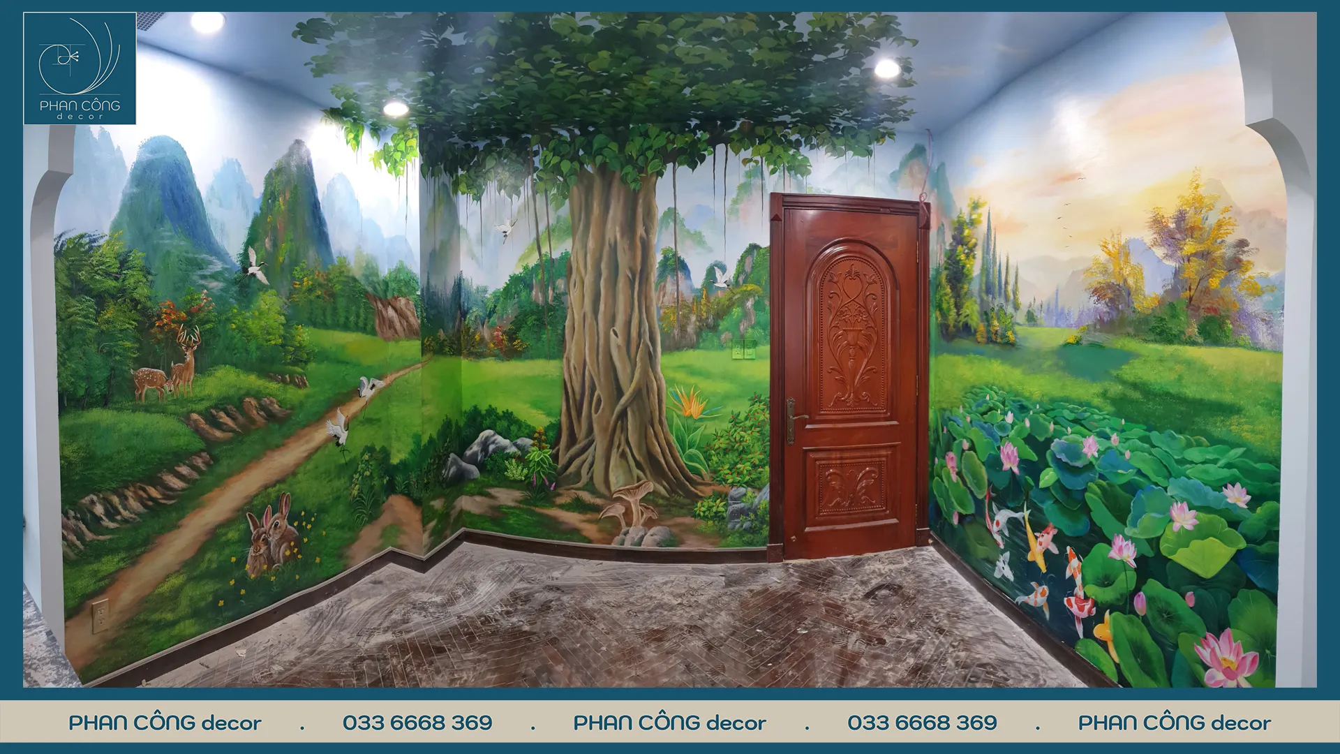 Vẽ tranh tường nhà ở phòng thờ với hình ảnh phong cảnh trang nghiêm