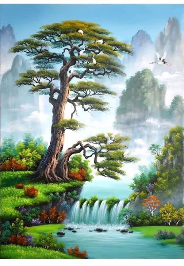 Vẽ tranh tường phong cảnh thiên nhiên cánh đồng hoa lãng mạn cho phòng khách