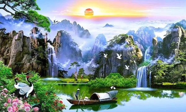 Vẽ tranh tường phong cảnh thiên nhiên núi non hùng vĩ trang trí cầu thang