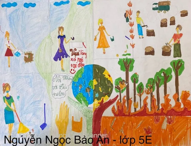 Vẽ tranh ý tưởng trẻ thơ lớp 5 bảo vệ môi trường
