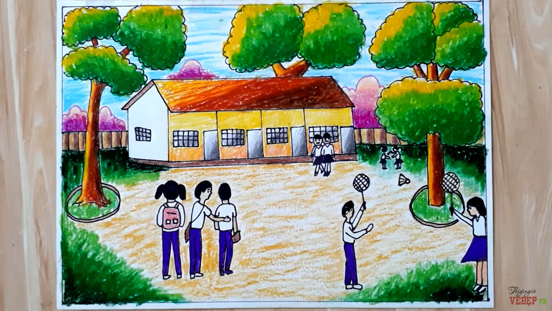 Mẫu tranh 12: Phác họa trường học theo phong cách tối giản