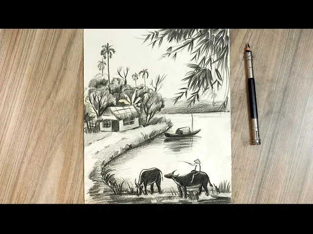 Video hướng dẫn cách vẽ tranh quê hương đen trắng chi tiết