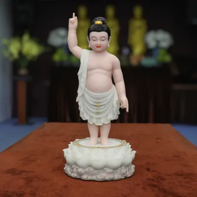 Tượng Phật Đản Sanh Da Hồng, Bằng Bột Đá Sơn Màu Vẽ, Cao 40cm/48cm