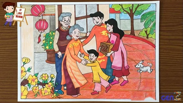 Ý tưởng ảnh vẽ tranh ngày tết đáng yêu dành cho học sinh tiểu học tham khảo