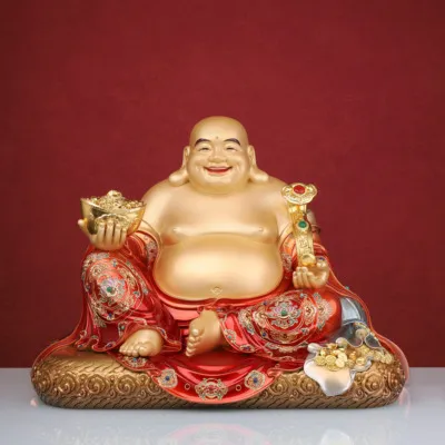 Tượng Di Lặc Bồ Tát Ngồi, Bằng Đồng Men Cổ Sơn Đỏ, Cao 48cm